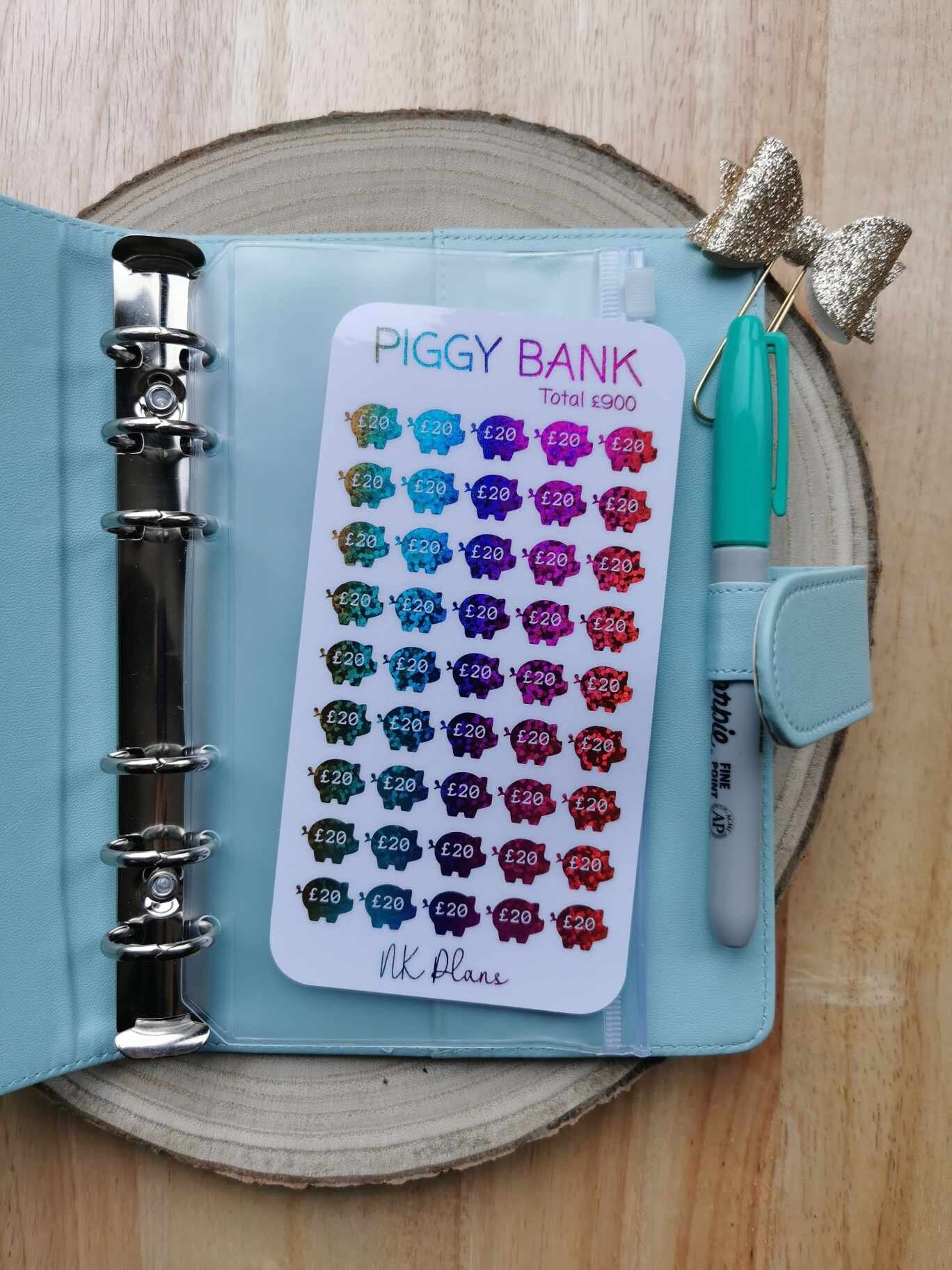 piggy bank 900 in 20s savings tracker. savings tracker, A6 savings tracker. budgeting.