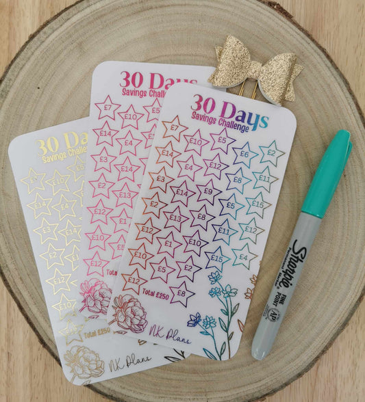 30 days savings tracker. savings tracker, A6 savings tracker. budgeting.