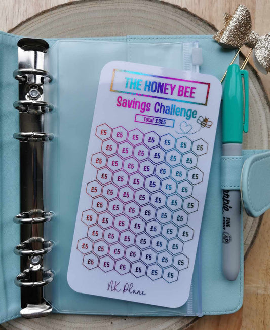 foiled Bee savings. Honey bee savings challenge. savings tracker, budgeting. A6 savings challenge.