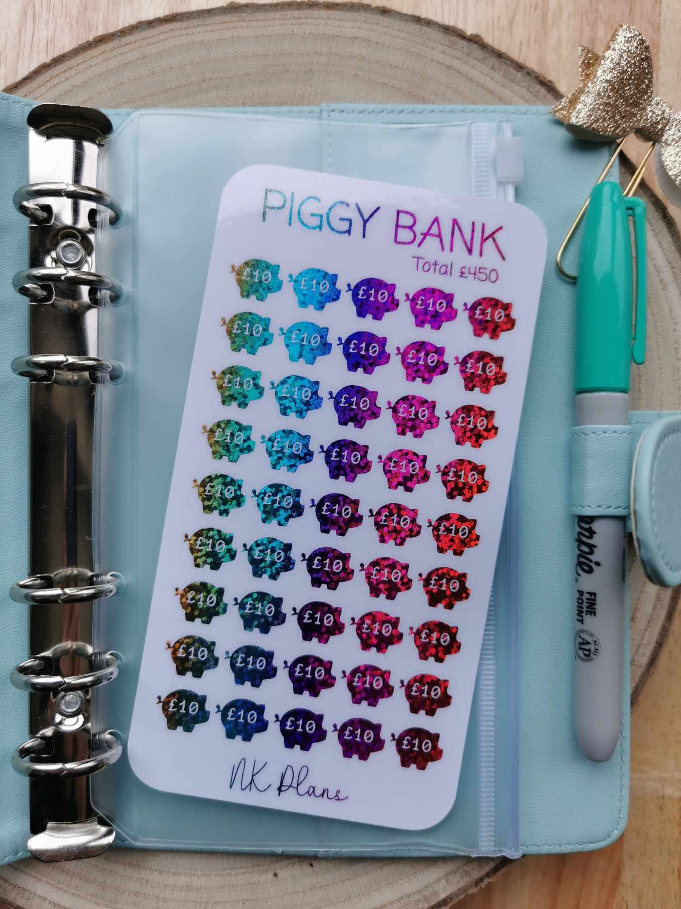 piggy bank 450 in 10s savings tracker. savings tracker, A6 savings tracker. budgeting.