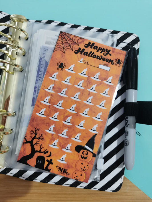 Halloween savings tracker. savings challenge. savings tracker, budgeting. A6 savings challenge.