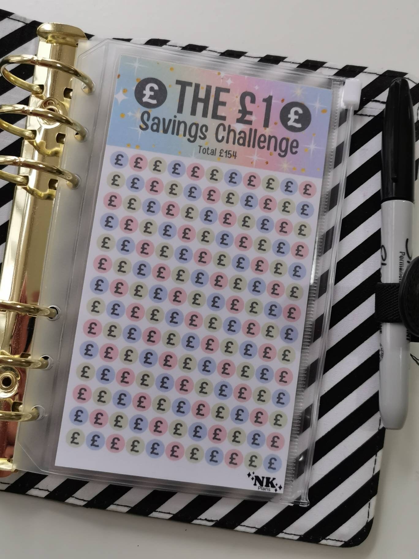 One pound savings. savings challenge. savings tracker, budgeting. A6 savings challenge.